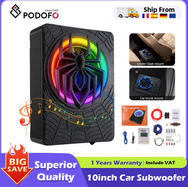 Podofo 10-Zoll Auto-Subwoofer 1200W mit eingebautem Verstärker und LED-Ambientebeleuchtung in Schwarz/Multicolor - Bild 1
