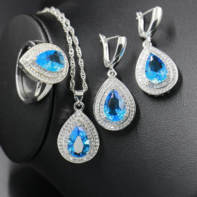 Schmuck-Set Damen, Zirkonia, Ohrringe, Halskette, Armband, Ring, grau - Bild 1