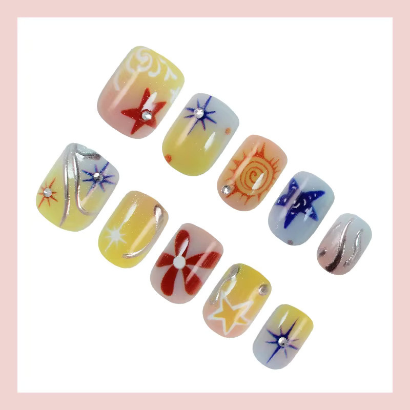 YADORNOS Künstliche Nägel, 24 Stück, Blau/Gelb, Glänzend, Kinder - Bild 2