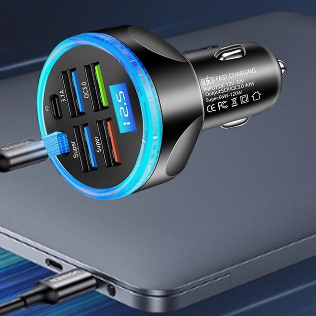 UYUXIO 6-in-1 USB-C Autoladegerät-Adapter mit Spannungsanzeige und Voltmeter in Schwarz für iPhone und Samsung - Bild 1
