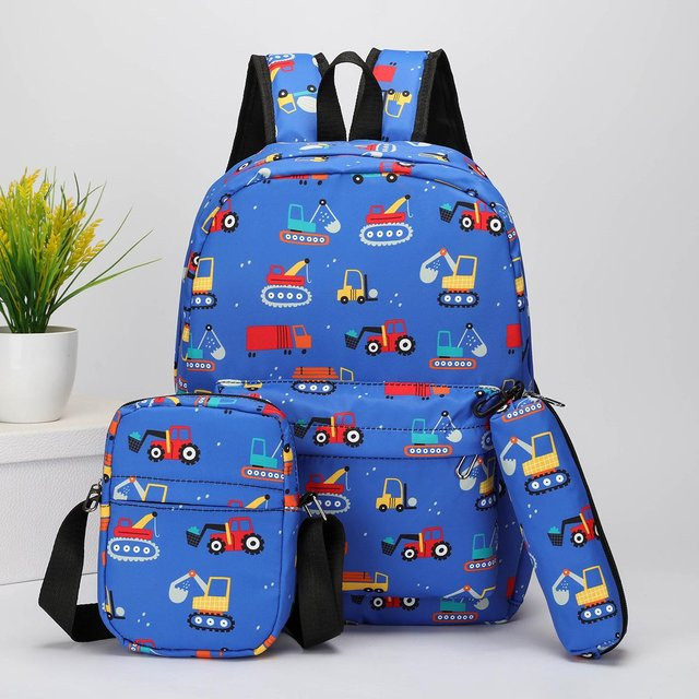 3-teiliges Set Cartoon Bagger Schulrucksack mit Brotdose und Federmäppchen für Jungen und Teenager in Blau - Bild 1