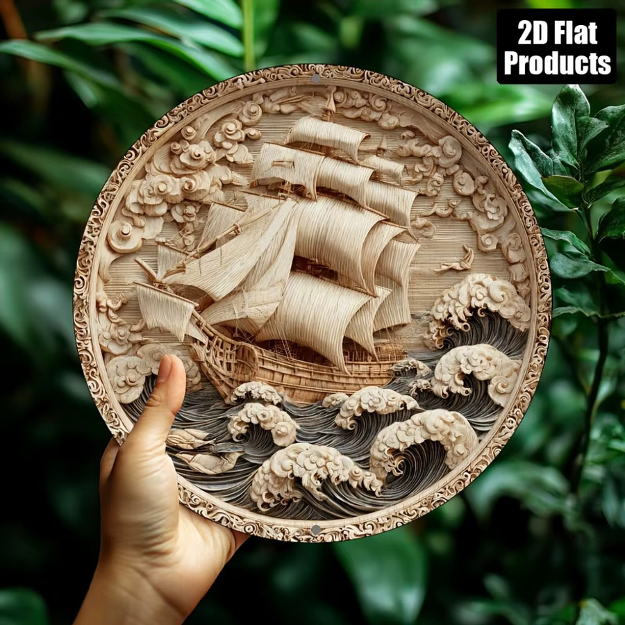 Runde Aluminium-Wandkunst mit Segelboot-Motiv von CIFBUY, Metallschild für maritime Dekoration, Durchmesser: 20,32 cm - Bild 2
