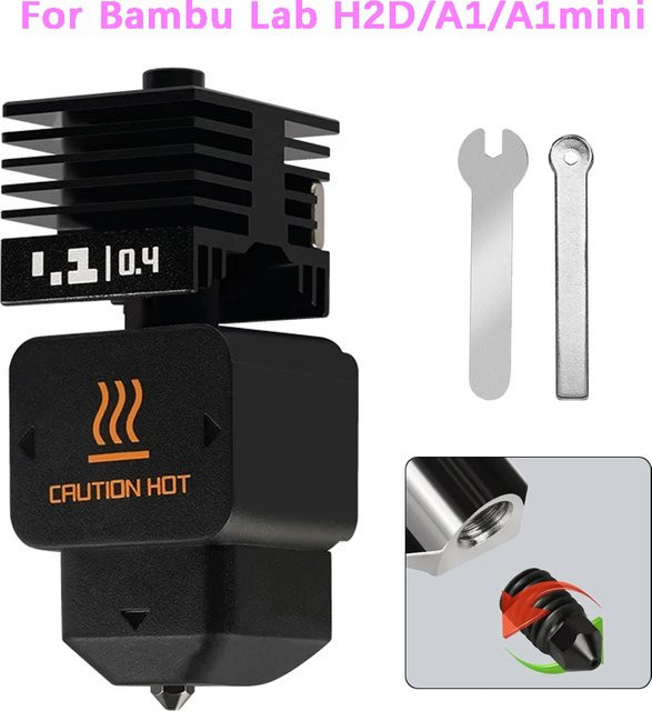 P2S Hotend-Kit für Bambu Lab X2D, H2D, H2S, H2C, A1 und A1 mini mit austauschbaren Düsen aus gehärtetem Stahl in 0,2 mm, 0,4 mm, 0,6 mm und 0,8 mm, Farbe: Schwarz - Bild 1
