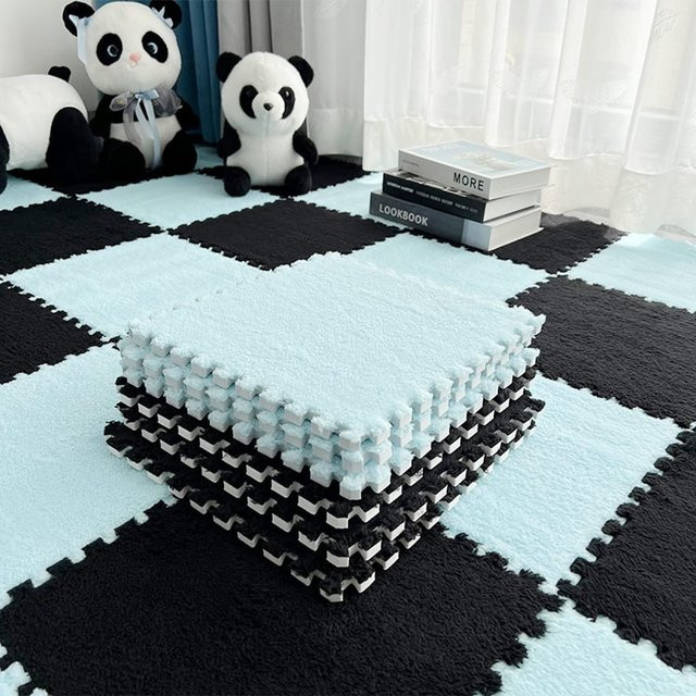 DHDH Schaum Puzzle Bodenmatte aus Plüsch, 10er Set Flauschige Spielmatte für Schlafzimmer und Kinderzimmer, Schwarz und Mehrfarbig, Höhe: 1 cm, Breite: 30 cm - Bild 1
