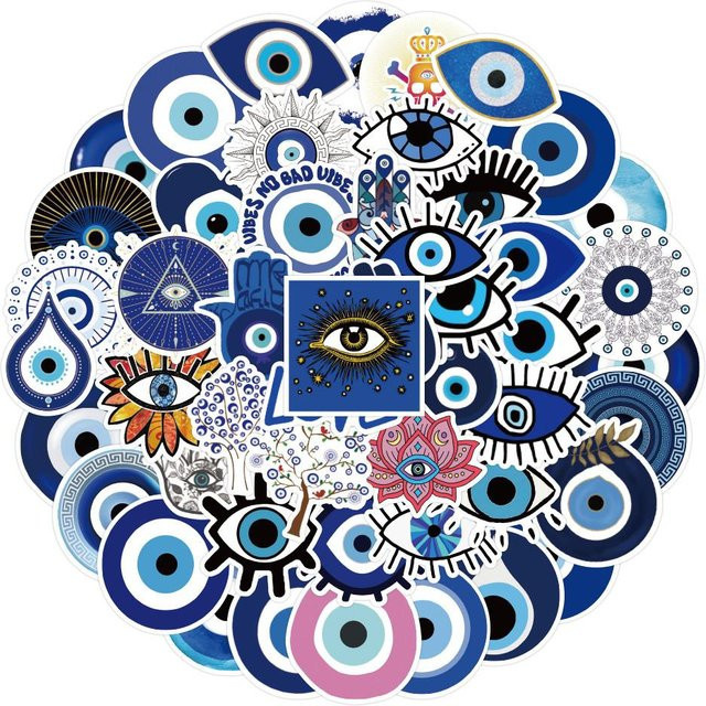 52-teiliges Set mystische Böse Auge Aufkleber in Grau und Blau von RecordingYourLife Store zur Dekoration von Notizbüchern, Handyhüllen, Rucksäcken und Wasserflaschen - Bild 1