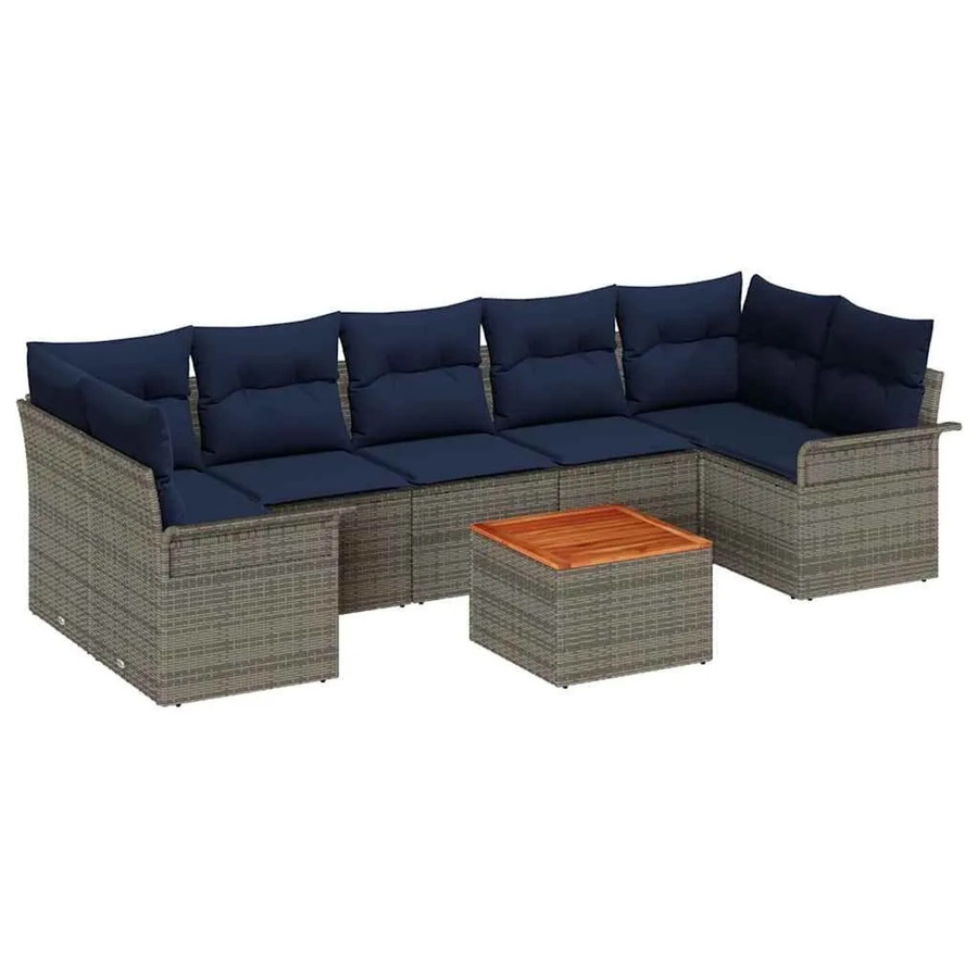 vidaXL Gartensofa-Set 8-teilig aus Poly-Rattan in Grau und Marineblau mit Polsterung und Tisch - Bild 2