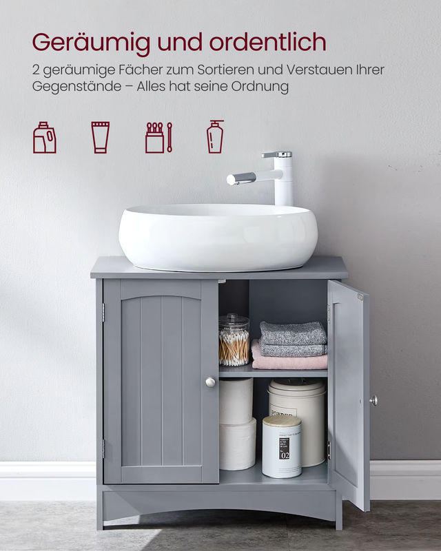 VASAGLE Waschbeckenunterschrank Badezimmerschrank in Grau mit 2 Türen und höhenverstellbarer Ablage, B/T/H: 60 x 30 x 60 cm - Bild 2