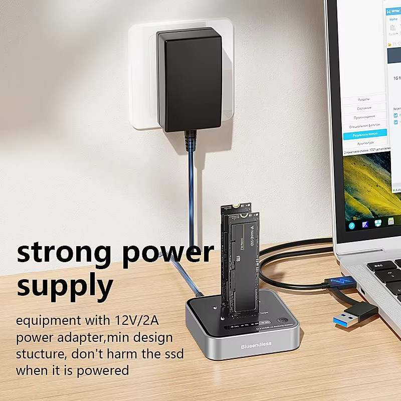 Lenovo Dual-Bay M.2 NVMe SSD-Klon-Gerät in Silber mit 20 Gbit/s USB 3.2 Typ-C Offline-Duplikator und NVMe PCIe-Gehäuse - Bild 3