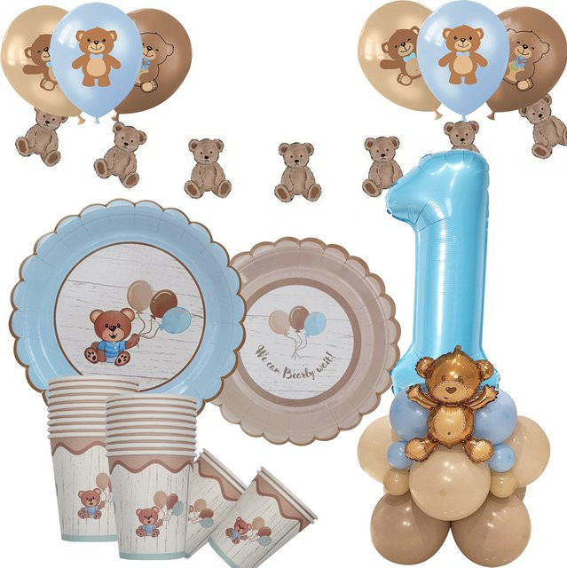 Einweggeschirr Set mit Bären-Motiv in Braun und Blau aus Papier für Babypartys und Geburtstage - Bild 1