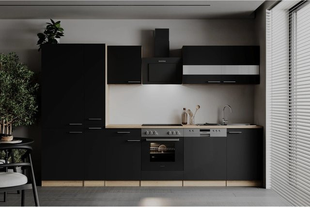 Respekta Küchenzeile Merle Modern in Schwarz mit Eiche Sägerau Nachbildung und Glastüren, B: 310 cm, H: 200 cm, T: 54,5 cm - Bild 1