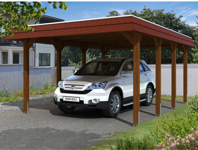 Skan Holz Carport Spreewald aus Nadelholz mit roter Blende in Nussbaum mit flacher Dachform und Regenrinne - Bild 1