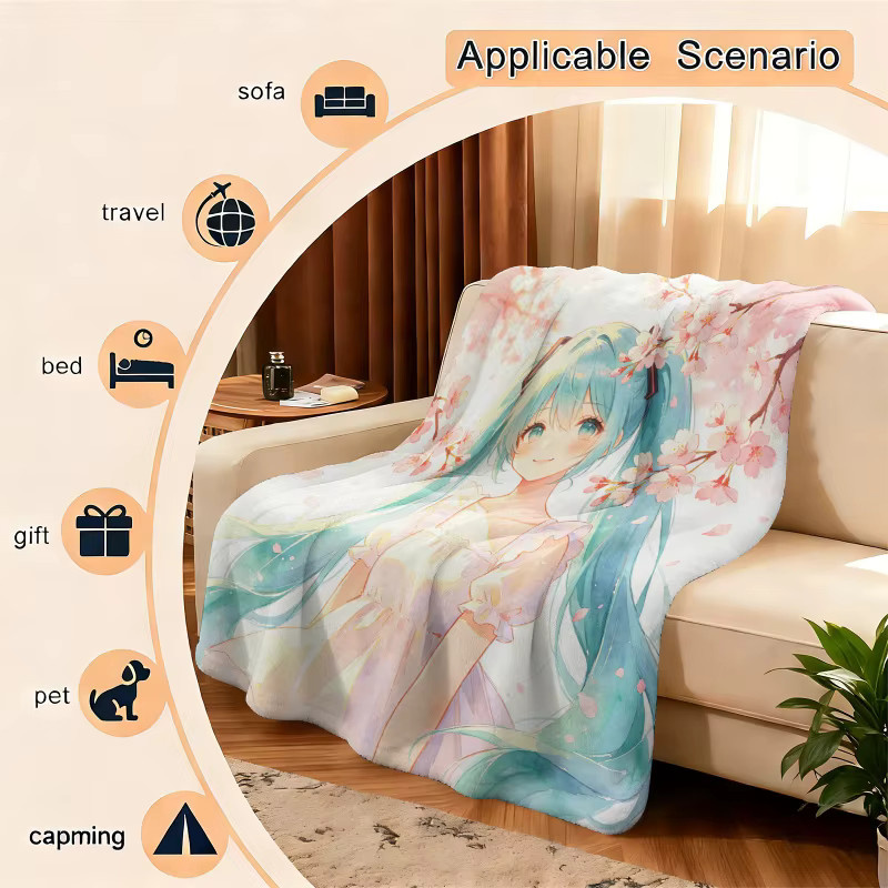 Hatsune Miku Flanell-Decke mit Sakura Kirschblüten-Design, Mehrfarbig, B/T: 100 x 70 cm - Bild 3