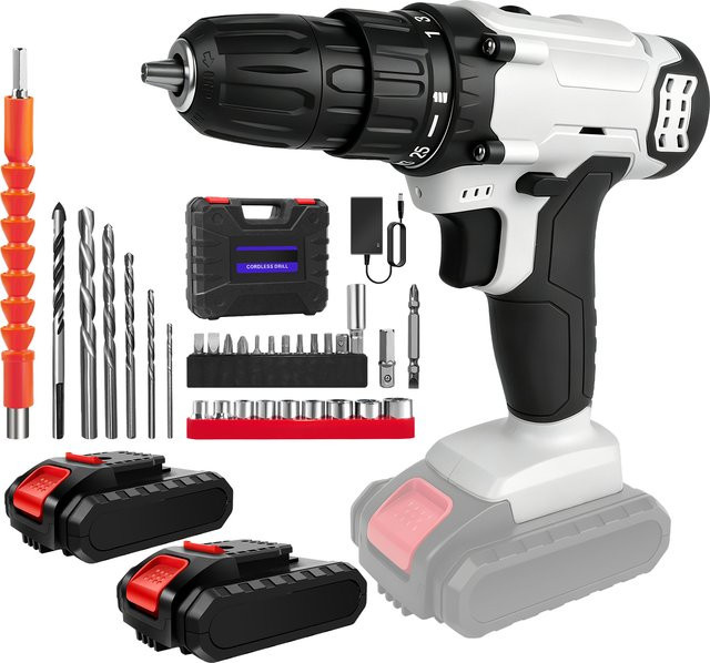 21V Akku-Bohrschrauber-Set in Weiß mit 2 Lithium-Batterien, 30 Zubehörteilen, 25+1 Drehmomentstufen, 2 Geschwindigkeitsstufen und LED-Licht - Bild 1
