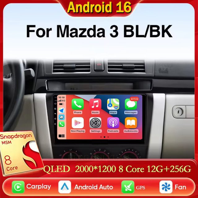 TIEYEZ Android 16 2K QLED Autoradio mit CarPlay, GPS und 4G für Mazda 3 BK BL Serie (2004 - 2009), Schwarz - Bild 1