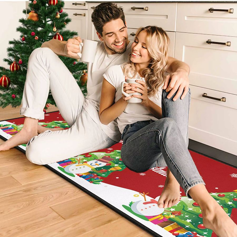 Vikama 2er-Set Weihnachtliche Küchenläufer mit Schneemann Motiv, rutschfester und waschbarer Teppich für Flur und Heimdekoration - Bild 2