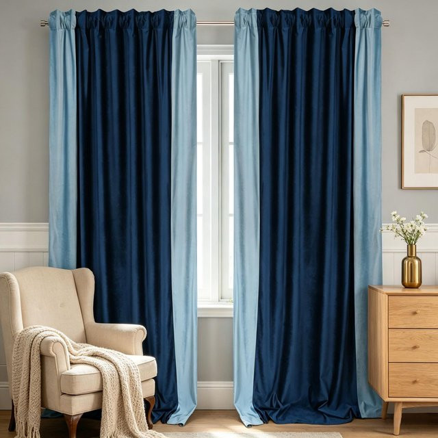 FLYINGCURTAINS Verdunkelungsvorhang in Blau mit Farbblock-Design, minimalistischer Samtstoff für Privatsphärenschutz, Breite: 140 cm, Höhe: 250 cm - Bild 1