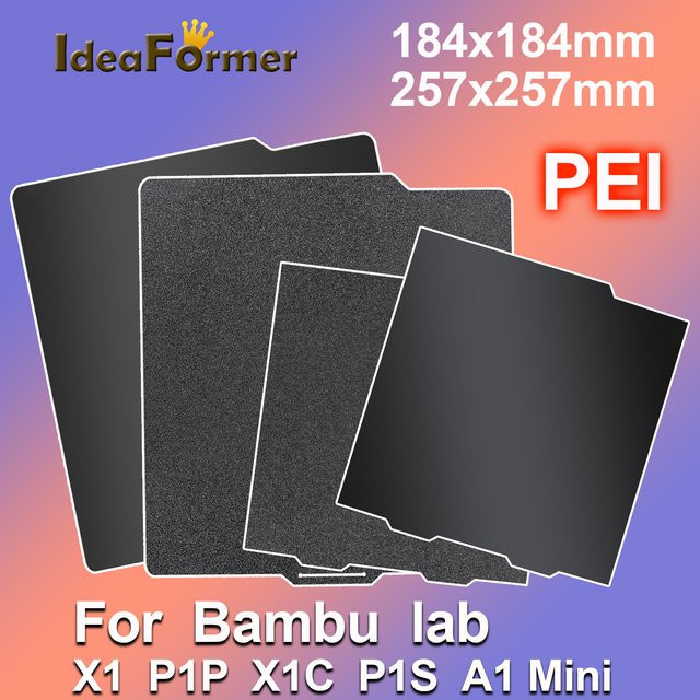Bambu Lab PEI Bauplatte für X1, P1 und A1 Serie, doppelseitig glatte Textur, Federstahl, Schwarz, B/T: 18,4 x 18,4 cm oder 25,7 x 25,7 cm - Bild 1