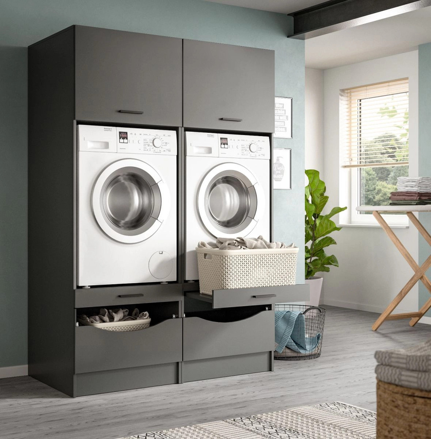 Waschmaschinenumbau Set Flexy in Grau, Modernes Design mit Soft-Close-Türen, B/H: 132 x 195 cm - Bild 2