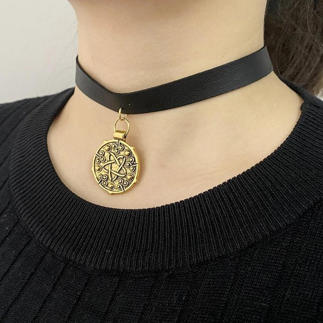 Halskette Medaillon Anhänger, Schwarzes Leder, Unisex - Bild 1