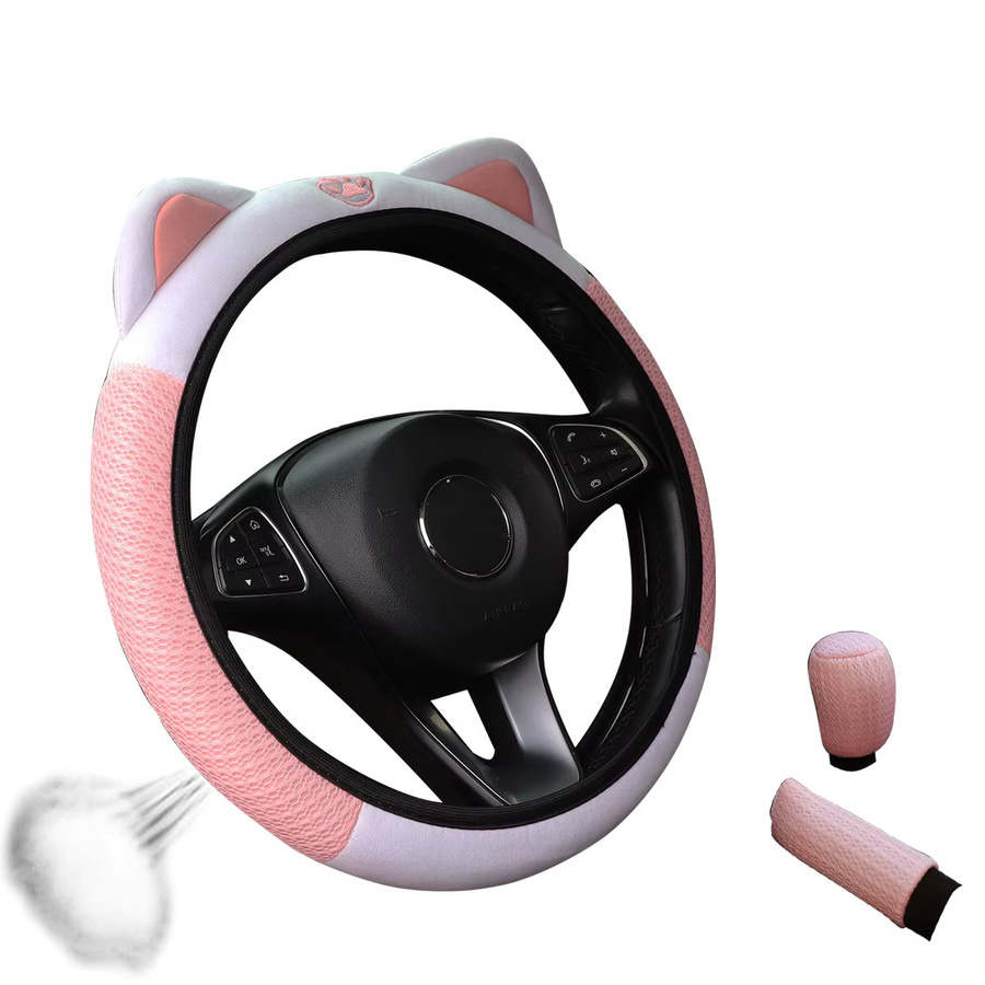 MEIKAXIU Autozubehör-Set Katze in Pink, 3-teilig mit Mesh-Lenkradbezug, Handbremsabdeckung und Schalthebelabdeckung - Bild 4