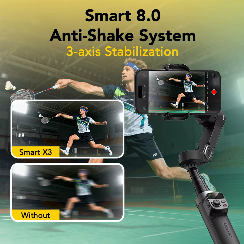 AOCHUAN Smart X3 3-Achsen Gimbal-Stabilisator mit 360 Grad Pan Rotation, integrierter Verlängerungsstange und Stativöffnung für iPhone und Android-Smartphones, Schwarz - Bild 4