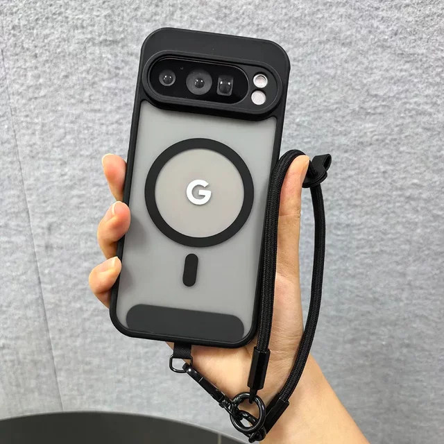 Fashion Frosted Skin Feel Wireless Charge Handyhülle mit Handgelenkschlaufe und Anti-Drop Schutz für Google Pixel 10, 9 Pro XL, 8, 7 A in Schwarz - Bild 1