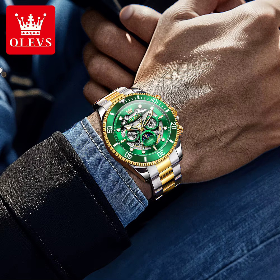 OLEVS Armbanduhr Automatik, Edelstahl, Gold, Mondphase, Herren - Bild 3