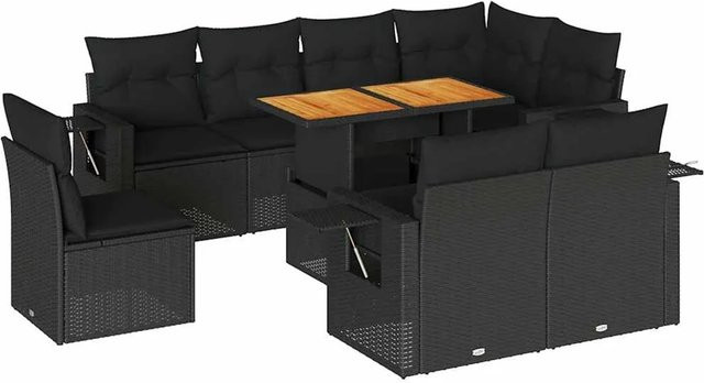 vidaXL 9-tlg. Garten-Sofagarnitur in L-Form aus Poly-Rattan und Akazienholz mit Kissen, Schwarz - Bild 1