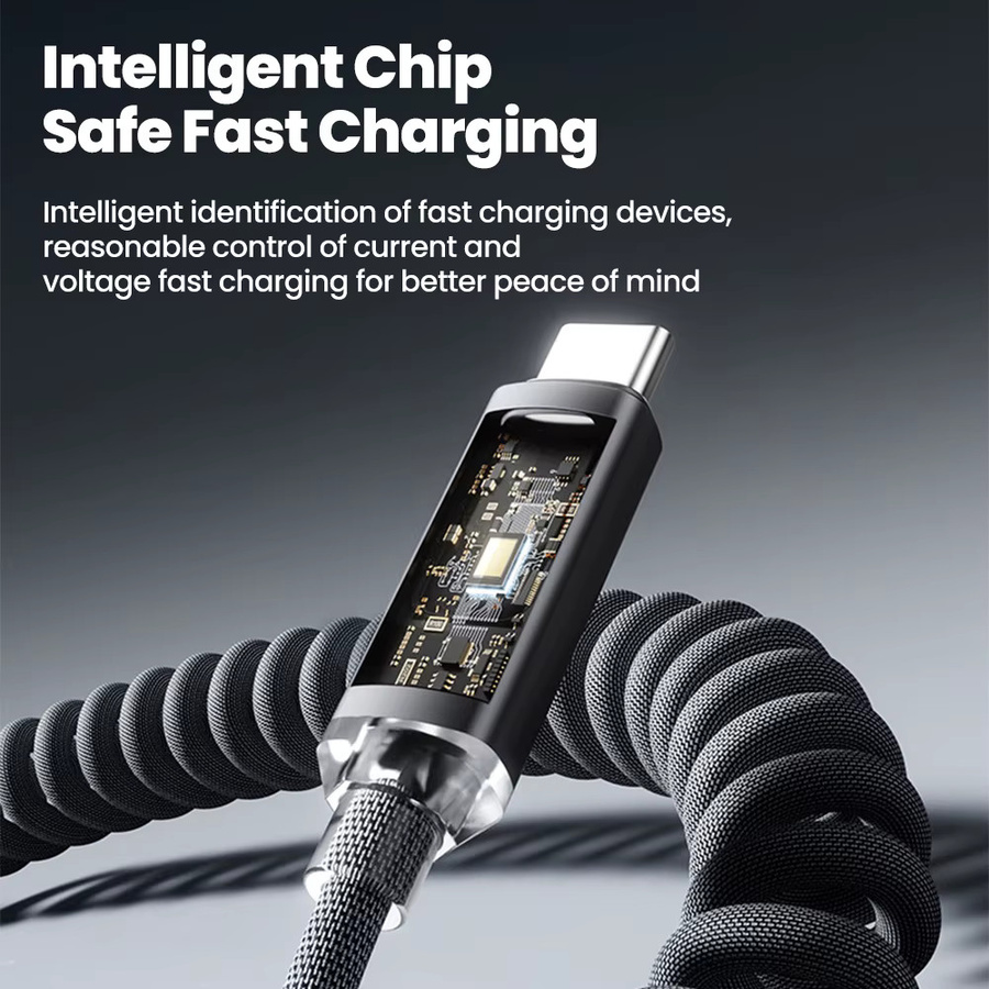Einziehbares 120W Auto-Ladekabel mit PD USB-C und USB-A auf USB-C Spiralkabel für Samsung, iPhone und Redmi in Schwarz und Rot, Länge: 1 m - Bild 1