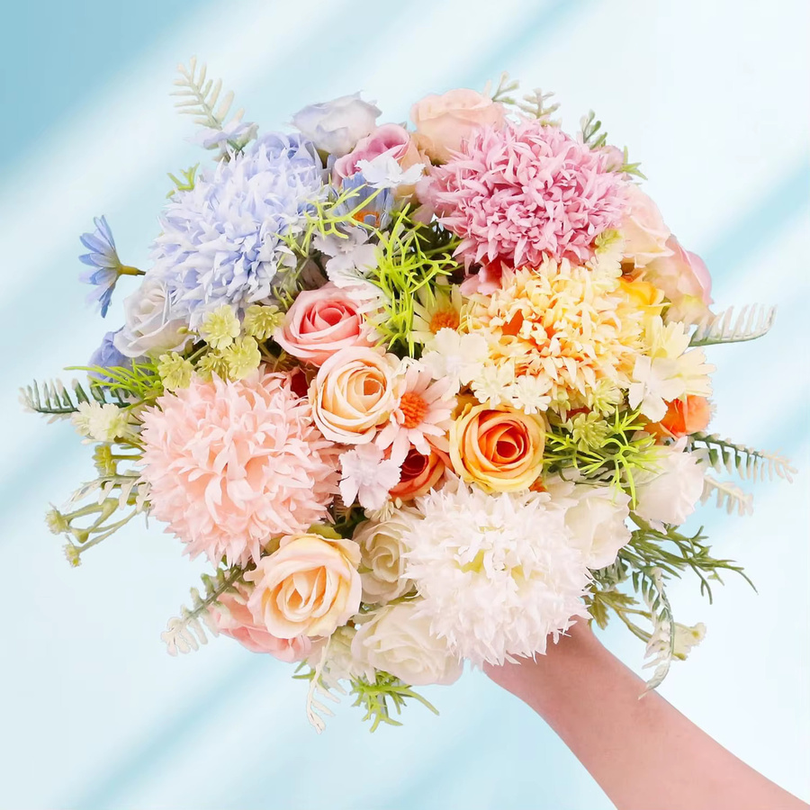 Set aus 1 oder 3 Stück künstliche Seidenblumen mit Rosen und Hortensien in Blau und Multicolour für deine Dekoration zu Hochzeit, Valentinstag oder als Tischdekoration - Bild 1