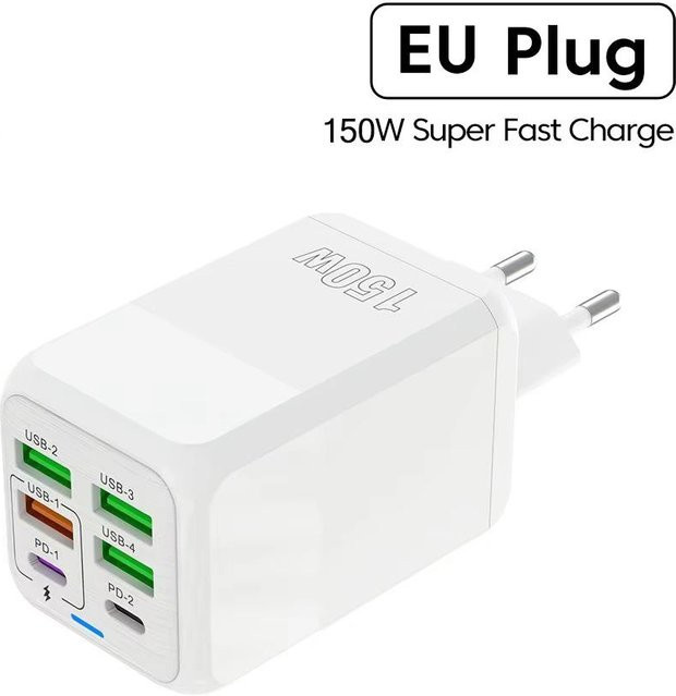 YJMP 150W USB C Ladegerät mit 6 Ports, PD QC 3.0 Schnellladegerät für iPhone, Xiaomi, Samsung und Huawei, EU Plug, Weiß - Bild 1