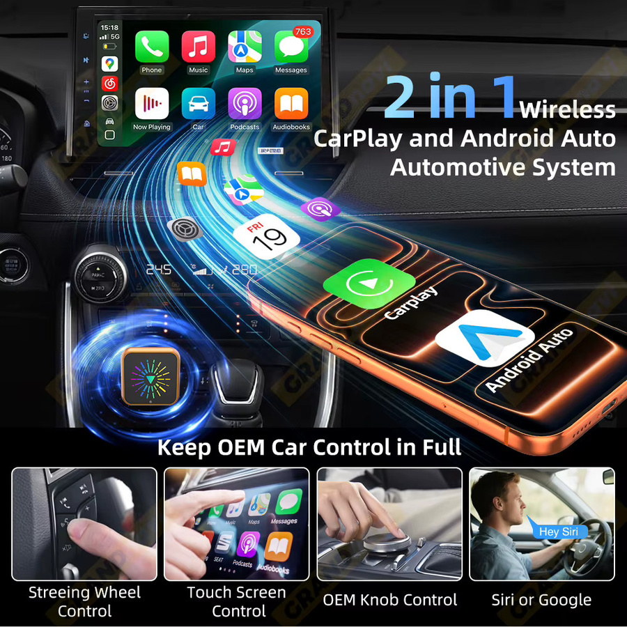 Grandnavi 2in1 Wireless CarPlay und Android Auto AI Smart Box Dongle in Orange für Audi, Toyota, Mazda, Nissan, Kia, Ford, Opel und Skoda - Bild 3