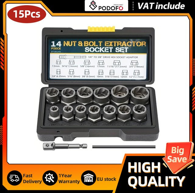 Podofo 15-teiliges Schrauben- und Mutternextraktor-Set aus Chrom-Molybdän-Stahl in Silber mit Aufbewahrungsbox - Bild 1