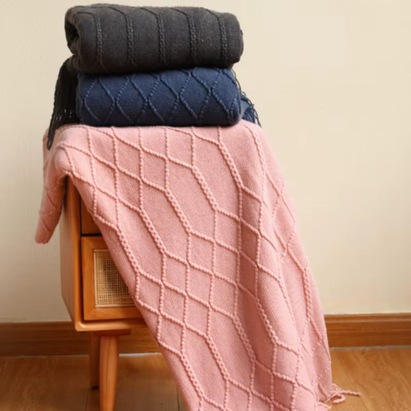Inyahome Strickdecke mit Quaste in Rosa, weiche Überwurfdecke für Couch und Bett - Bild 3