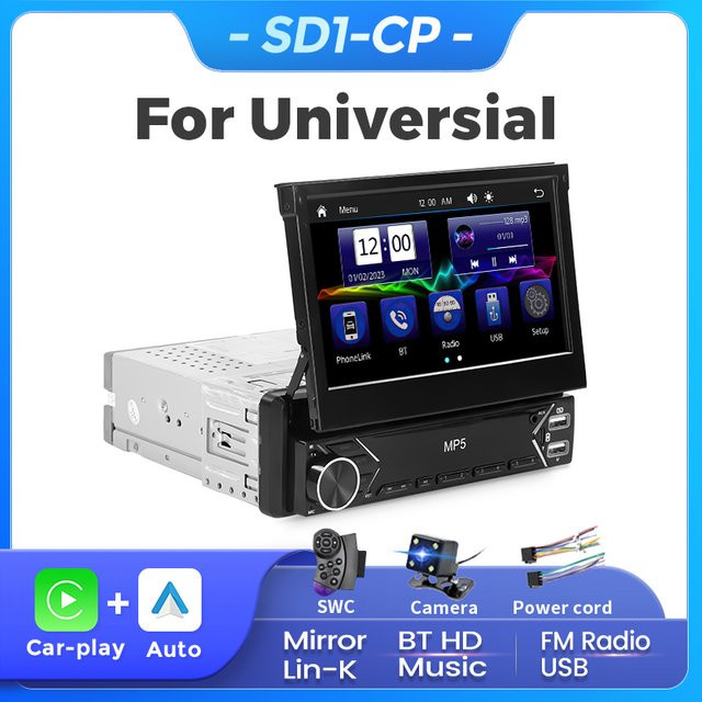 Navifly Intelligentes MP5-Player Multimedia-System mit 7 Zoll versenkbarem Touchscreen, Wireless CarPlay und Android Auto, Schwarz - Bild 1