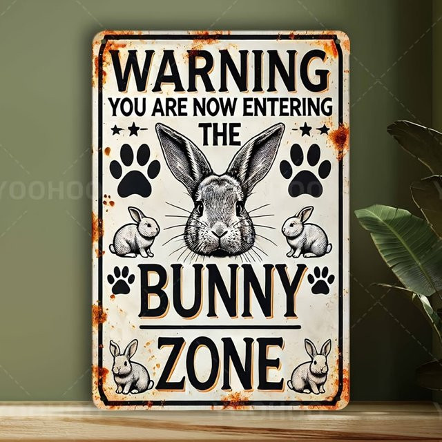 Vintage Bunny Zone Metall-Wanddekorschild mit Kaninchen und Pfotenabdrücken aus Aluminium für Ostern und Frühling - Bild 1