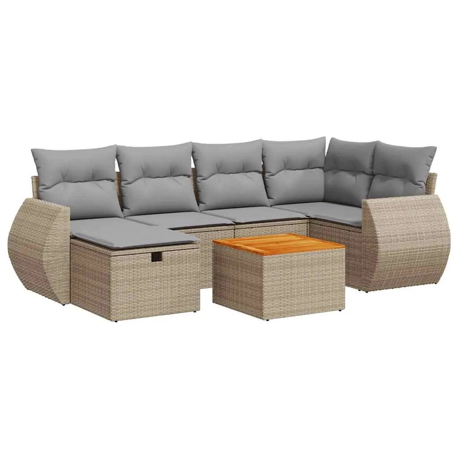 vidaXL 7-tlg. Garten-Sofagarnitur in L-Form mit Kissen und Ottoman, Beige, Poly-Rattan und Acacia-Holz - Bild 2