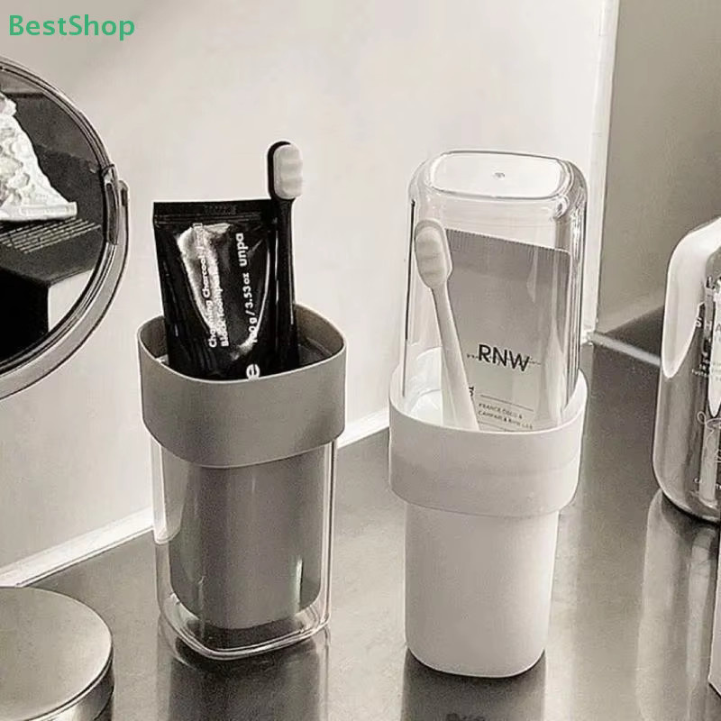 HNKMP Tragbarer Reise-Toilettenbecher und 2-in-1-Zahnbürstenhalter aus Kunststoff in Transparent, Höhe: 12,1 cm, Breite: 7,3 cm - Bild 2
