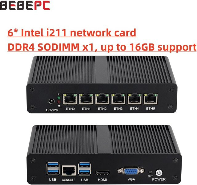 BEBEPC Lüfterloser Mini-PC mit Intel 4415U, 6x LAN i211, RS232 und 3/4G Modul, Schwarz, Pfsense Firewall Soft Router VPN Server für Linux und Windows 11 Pro - Bild 1