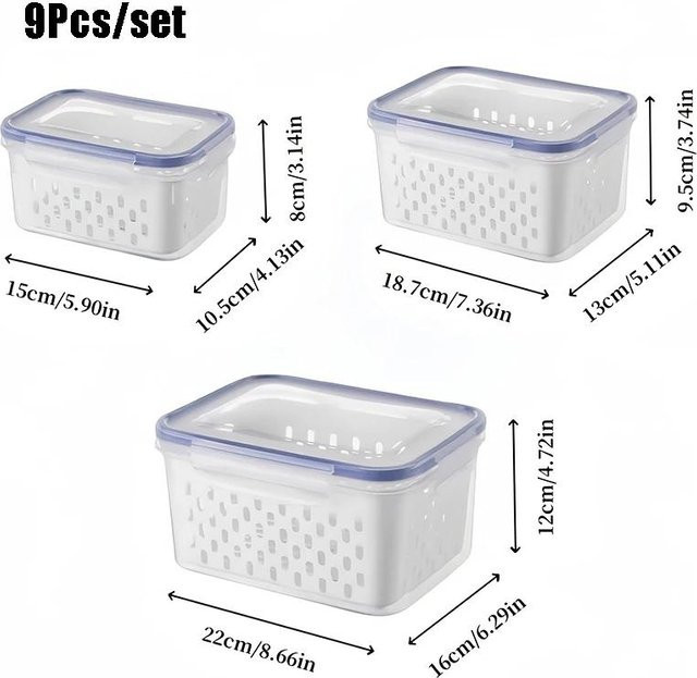 9-teiliges Set Obstaufbewahrungsbehälter für den Kühlschrank von Binchi Outdoor Product in Blau und Weiß mit abnehmbarem Sieb und Griffen - Bild 1