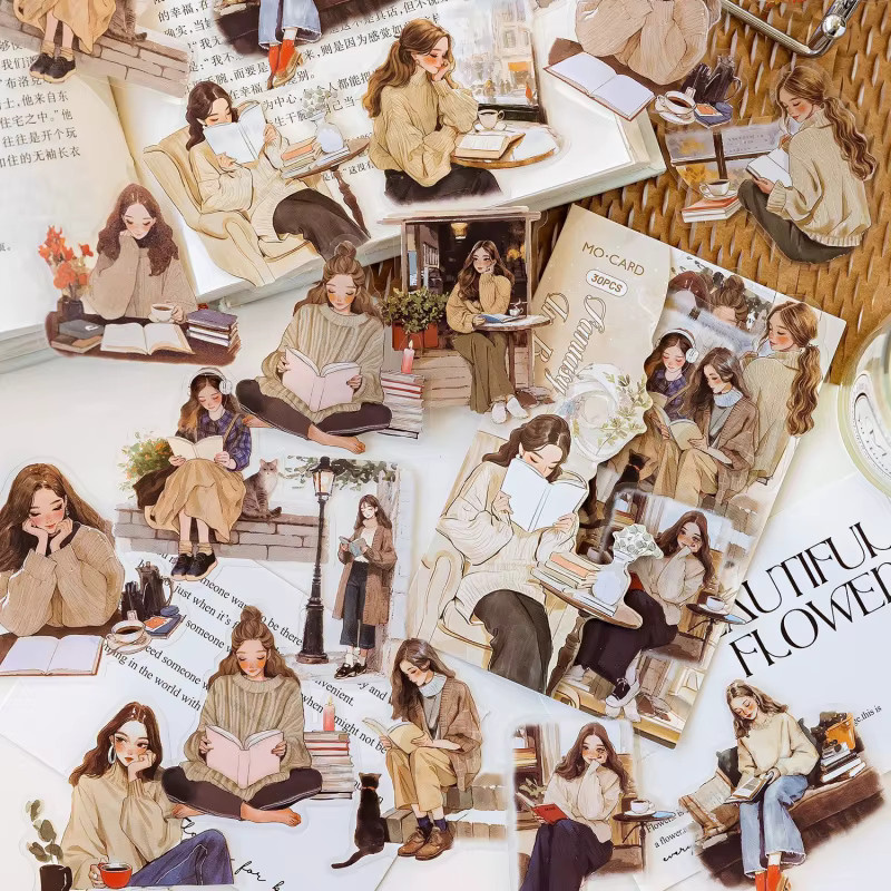 30 Blatt Bookish Girl Aufkleberpaket mit eleganten Lesedame und Buch- sowie Pflanzenmotiven in Multicolour für deine handgefertigten Karten - Bild 5