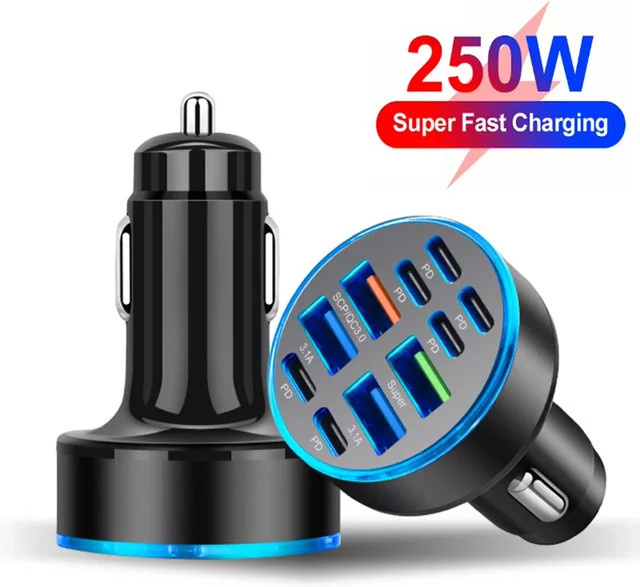 250 W Autoladegerät mit 10 Ports und USB-C Schnellladung PD QC3.0 in Schwarz für iPhone Samsung Huawei Xiaomi - Bild 1