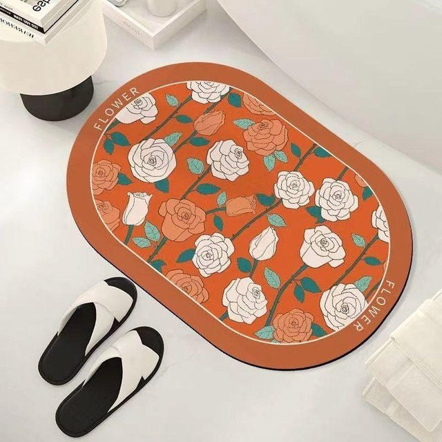 Wasserabsorbierende Kieselgur-Fußmatte mit Retro-Blumenmuster in Orange, rutschfest und schnelltrocknend, B/T: 60 x 40 cm - Bild 1
