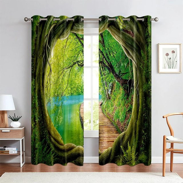 Yiran Furniture 2er-Set Vorhänge mit 3D-Landschaftsmotiv Wald und Meer, halbtransparent, Polyester, B: 100 cm, H: 130 cm - Bild 1