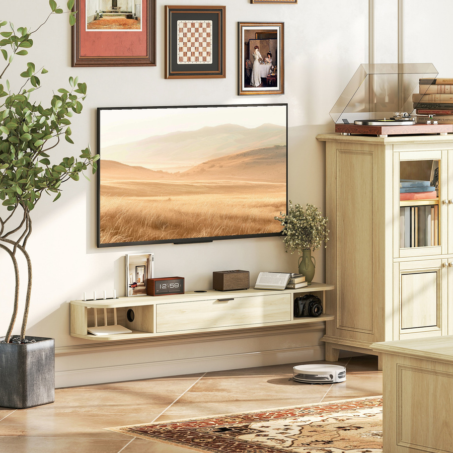 HOMCOM Hängendes TV-Möbel in Naturholz mit Klappschublade und 2 offenen Regalen für Fernseher bis 60 Zoll, B/H/T: 140 x 24 x 16 cm - Bild 2