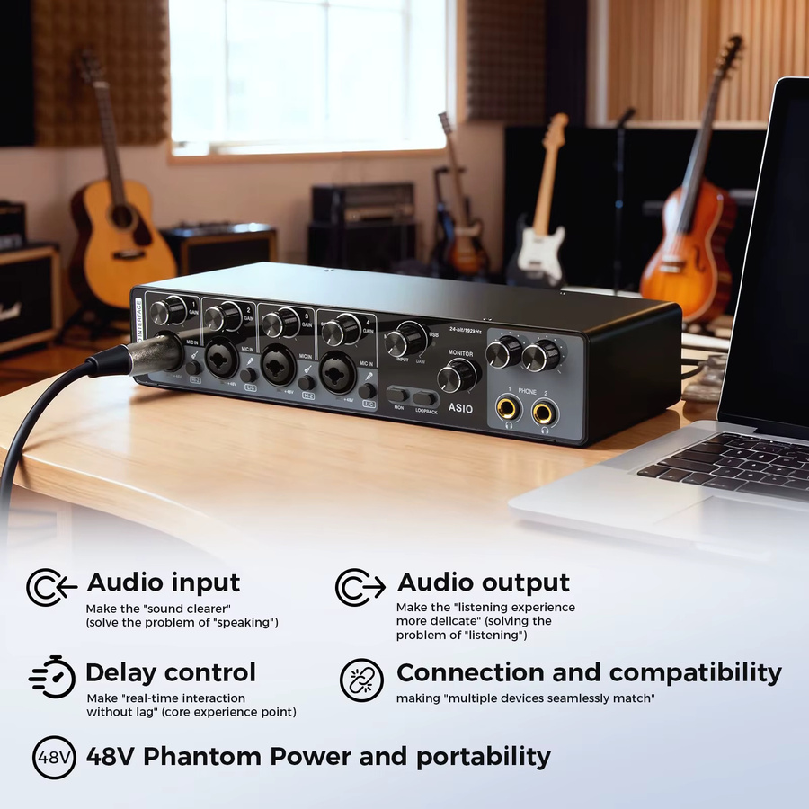Depusheng MQ44 Professionelles 4-Kanal-Audio-Interface in Schwarz mit integriertem ASIO-Treiber und hoher Impedanz für Studio und Live-Auftritte - Bild 6