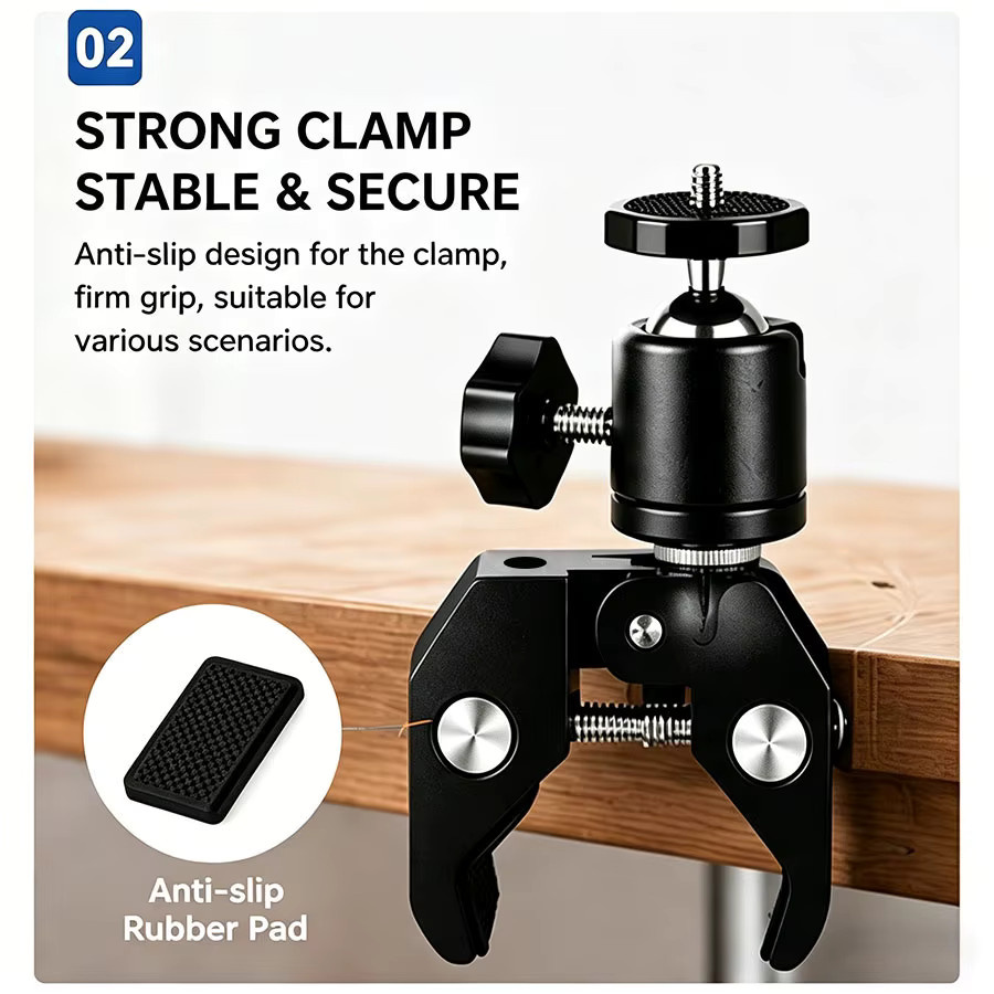 Chrisley 360 Grad Super-Klemme Kamerahalterung mit Mini-Kugelkopf und 1/4-Zoll-Schraube in Schwarz für DSLR und GoPro - Bild 2