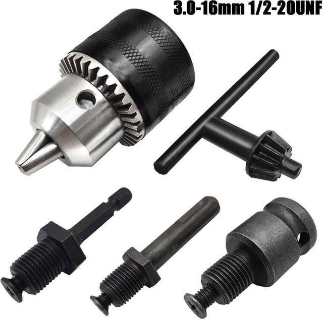 Bohrfutter-Adapter Set in Silber mit 1/2–20 UNF-Montage, 3,0–16 mm Spannbereich, Sechskantschaft und SDS-Plus-Sockel inklusive quadratischem Adapter und Spannfutterschlüssel für Schlagschrauber-Bits - Bild 1