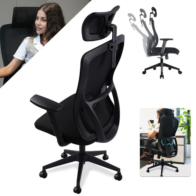 Ergonomischer Bürostuhl Durrafy in Schwarz mit Netzrücken, verstellbarer Kopfstütze und Lendenwirbelstütze für dein Home-Office - Bild 1