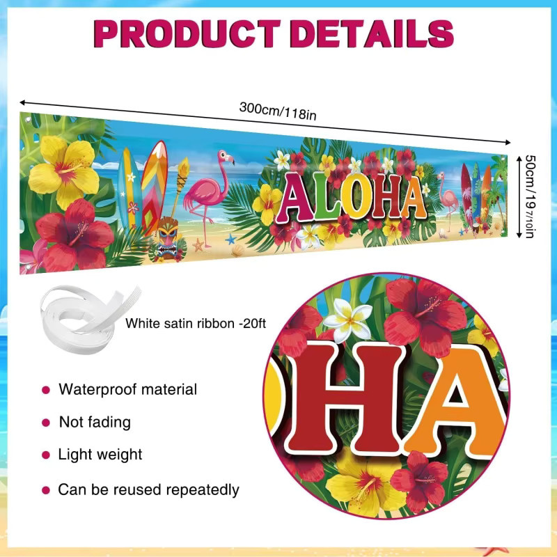 VIKAMA ALOHA Hawaiianisches Zaunbanner mit Flamingo und Hibiskus als tropische Luau-Party-Kulisse für Sommer- und Strandpartys, Mehrfarbig, B: 180 cm, H: 35 cm - Bild 3